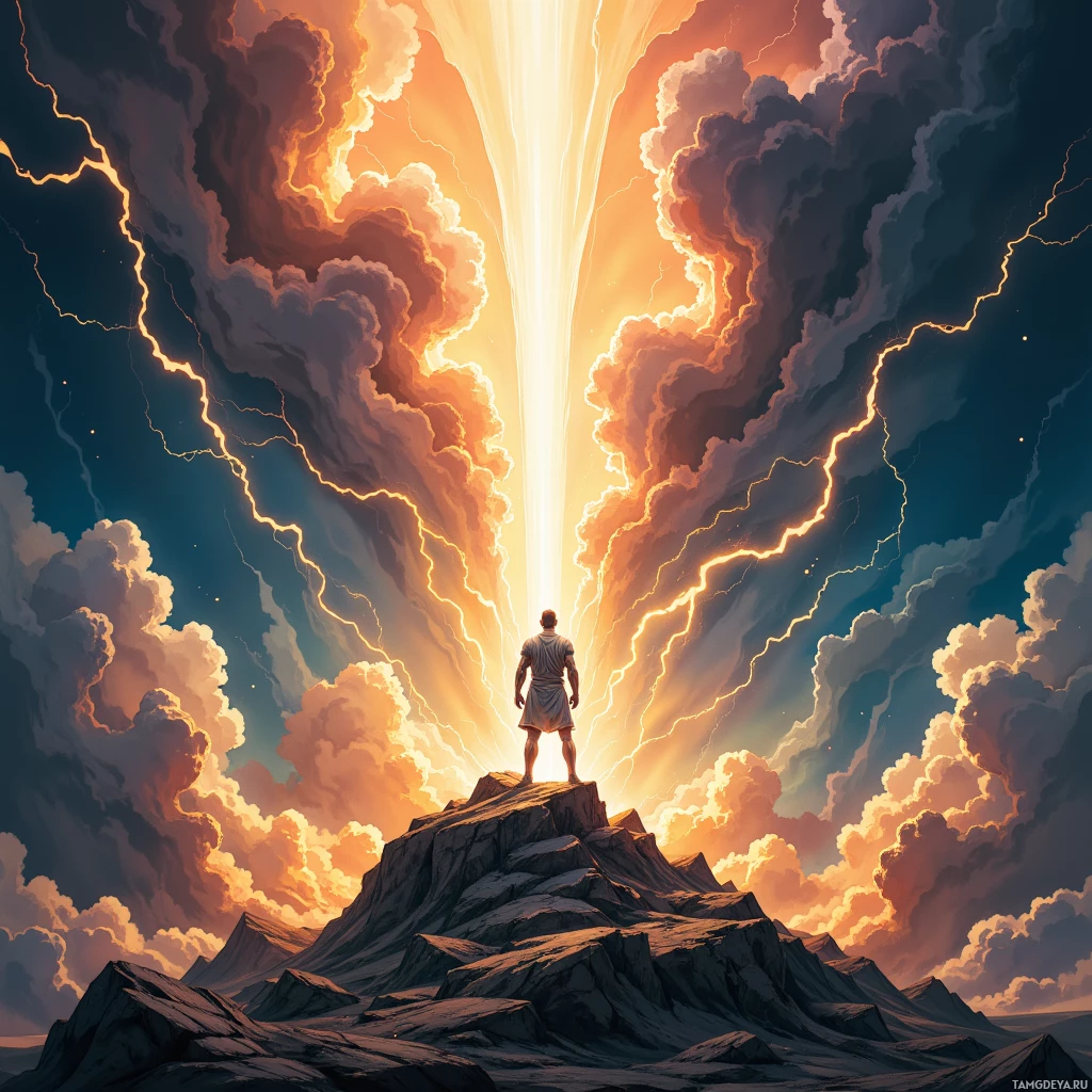 A lone figure stands atop a rugged mountain peak, gazing upward at a radiant beam of light piercing through dramatic, stormy clouds.