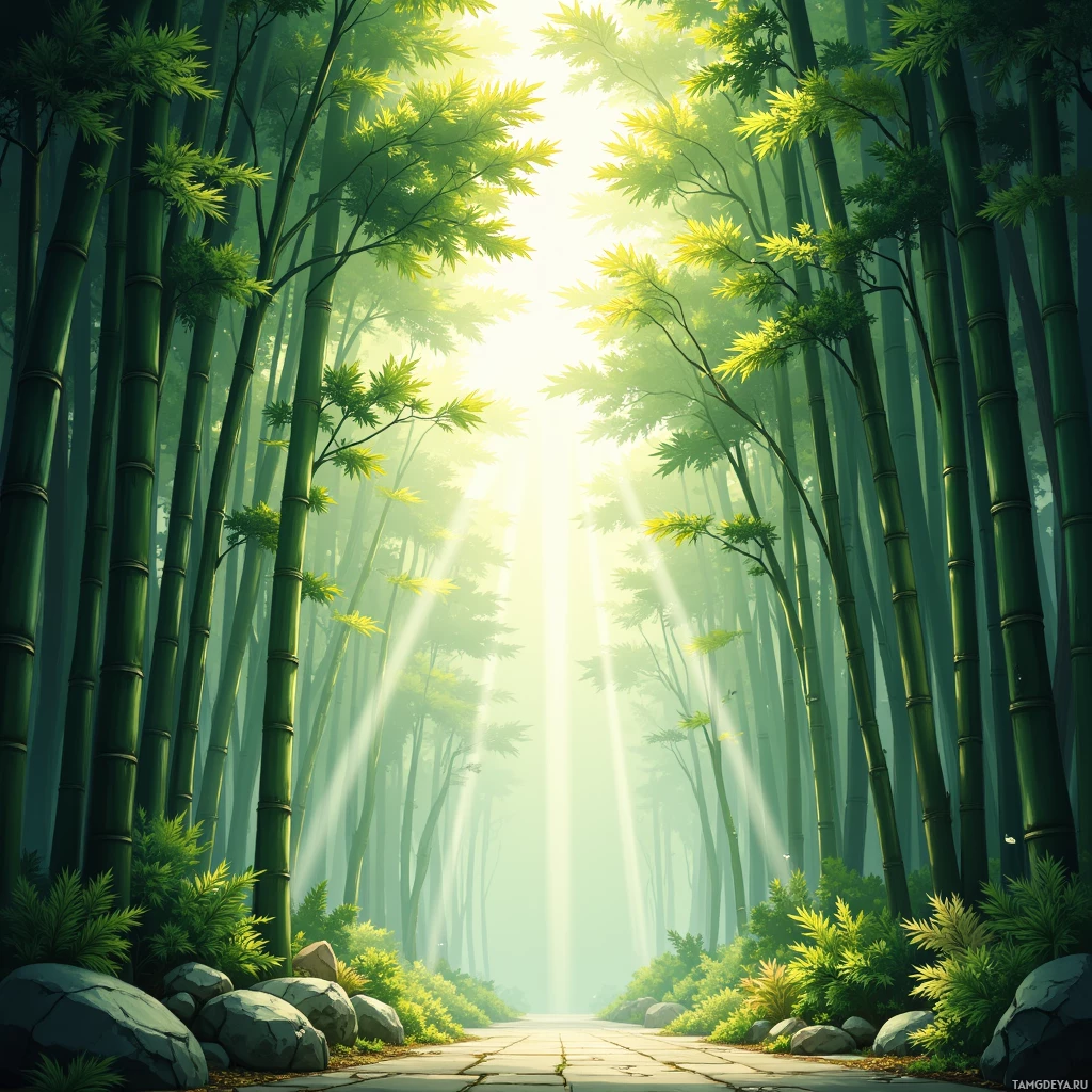 A serene bamboo forest with sunlight streaming through the trees.