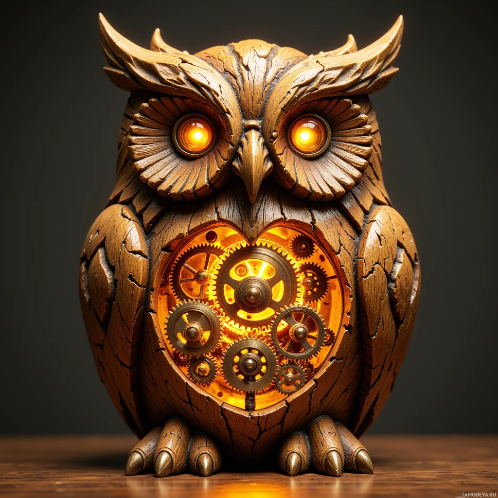 A wooden owl sculpture with glowing eyes and intricate gearwork inside its chest.
