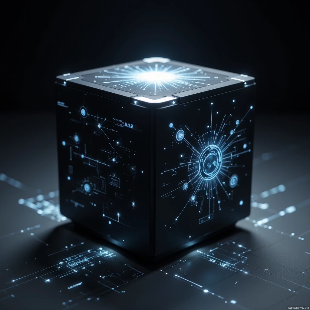 A futuristic cube with glowing blue digital patterns and light beams.