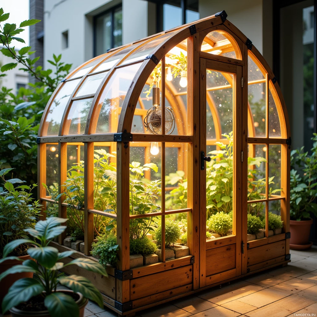 A wooden greenhouse with glass panels and plants inside, situated outdoors near a building.