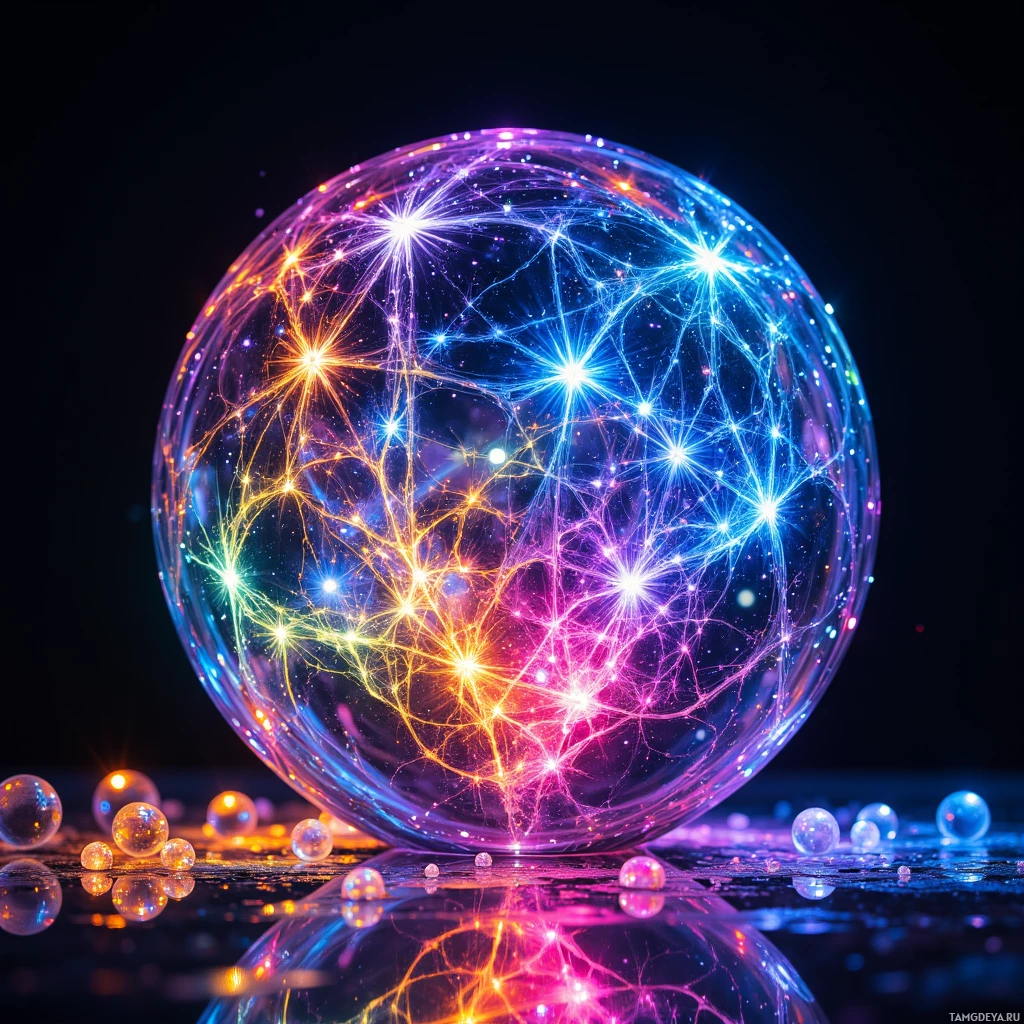 A glowing, multicolored sphere with intricate, web-like patterns and small reflective spheres around it.
