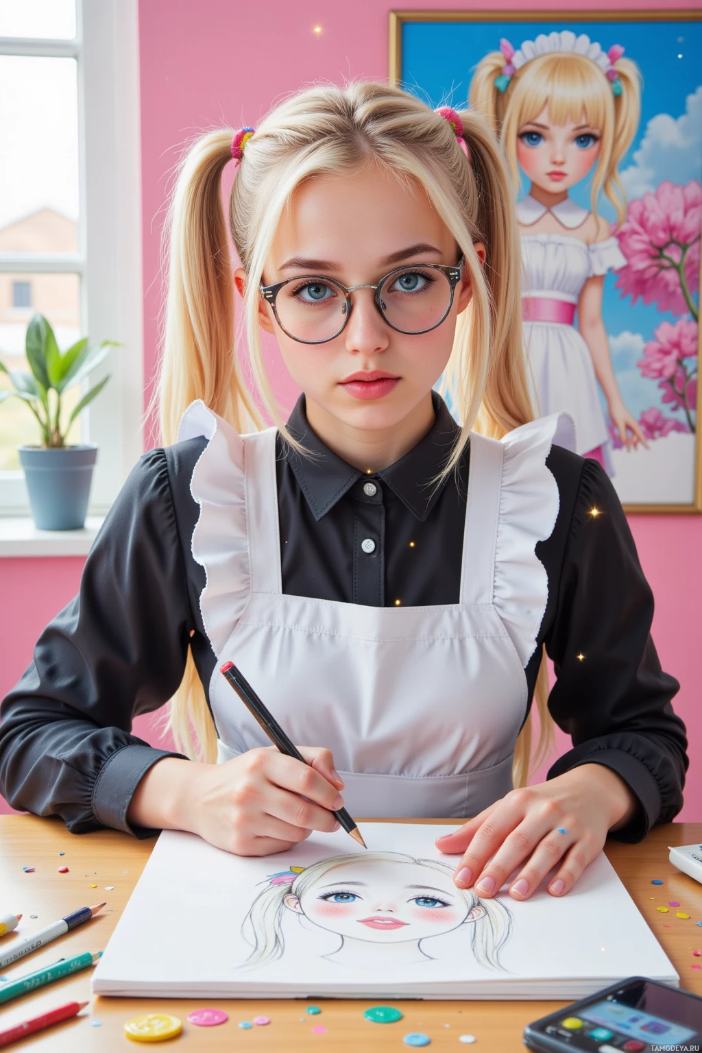 A young person with pigtails and glasses is drawing a portrait of a girl with blue eyes.