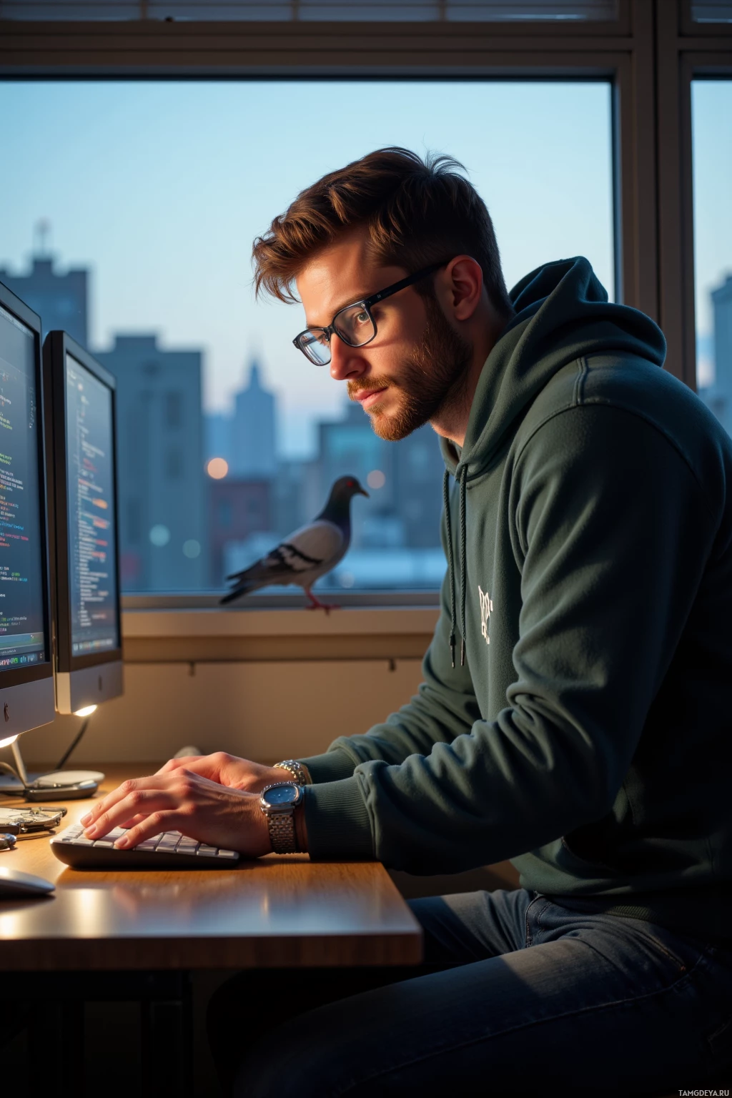 A person wearing glasses and a hoodie is working at a desk with two computer monitors, with a pigeon perched on the windowsill.