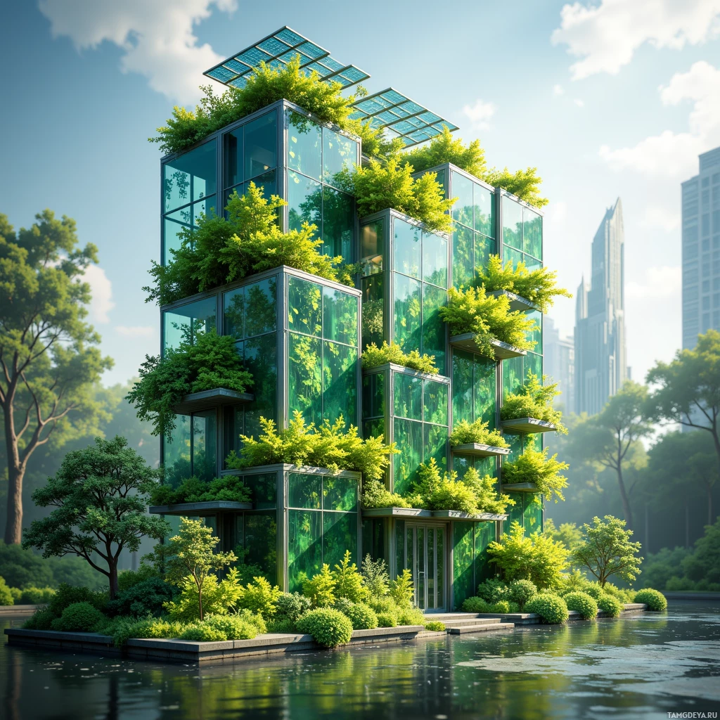 A modern glass building with lush greenery integrated into its design, surrounded by trees and a body of water.