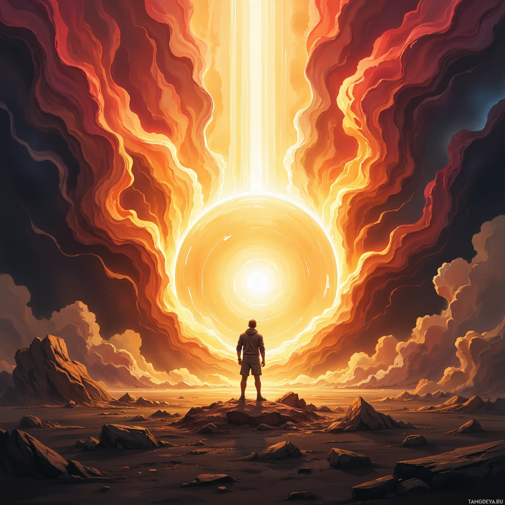 A lone figure stands on a rocky outcrop, gazing at a radiant, glowing portal in the sky.