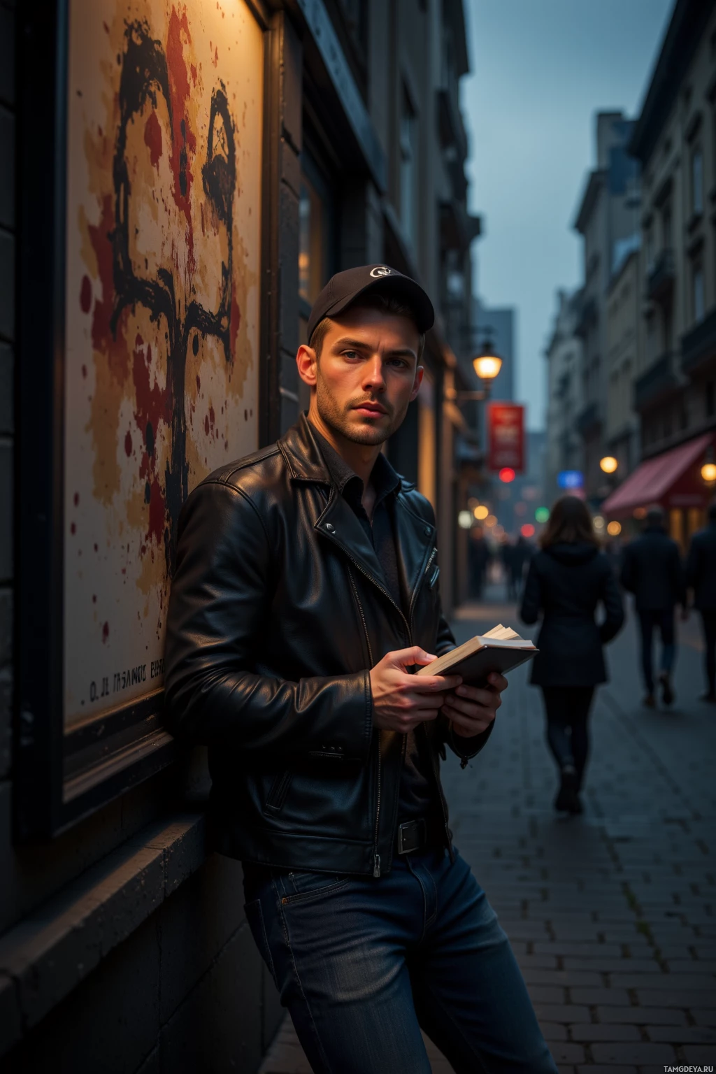 A man in a leather jacket and cap stands on a cobblestone street, holding a book.