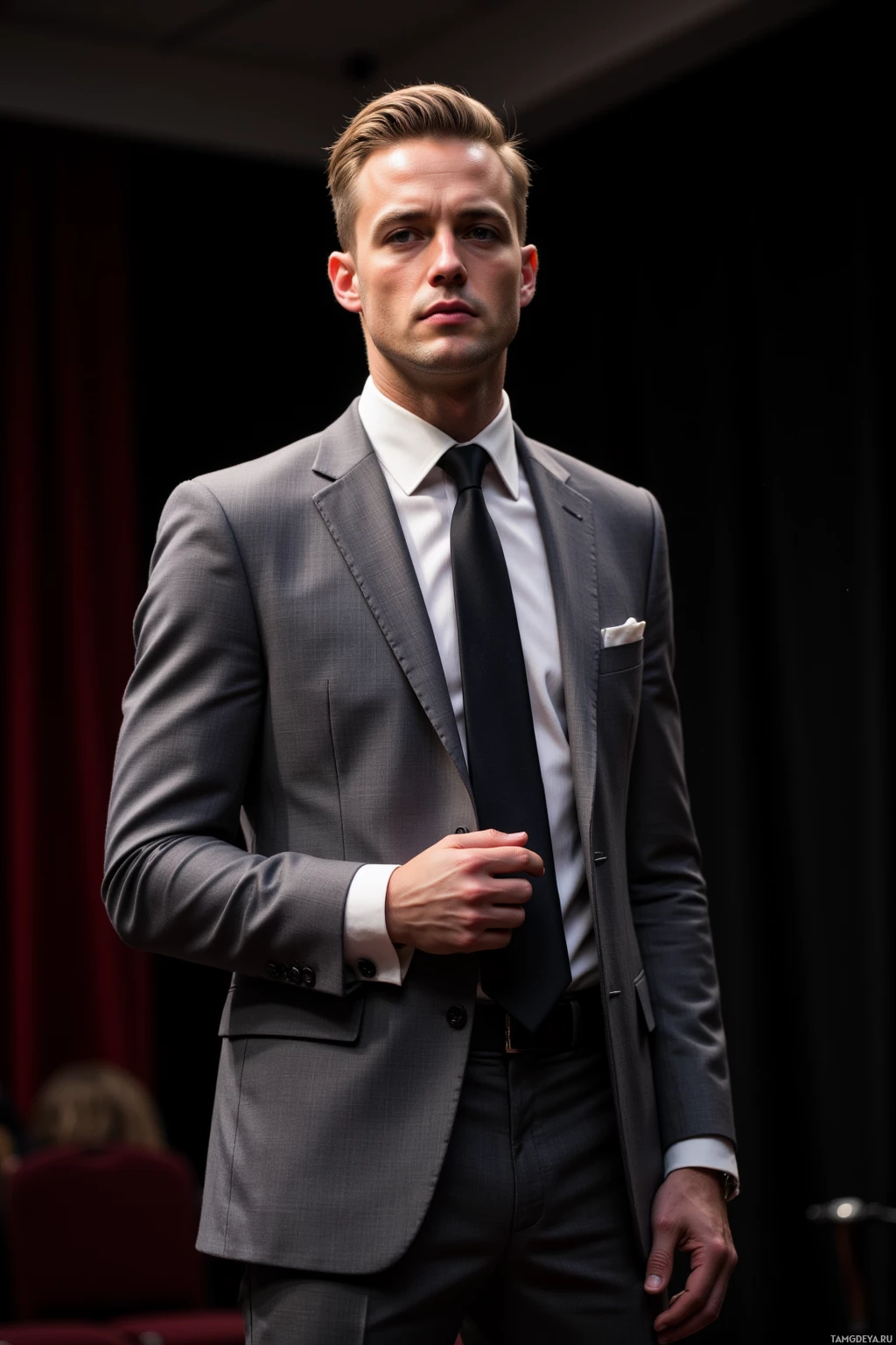 A man in a formal gray suit and black tie stands in a dimly lit room.