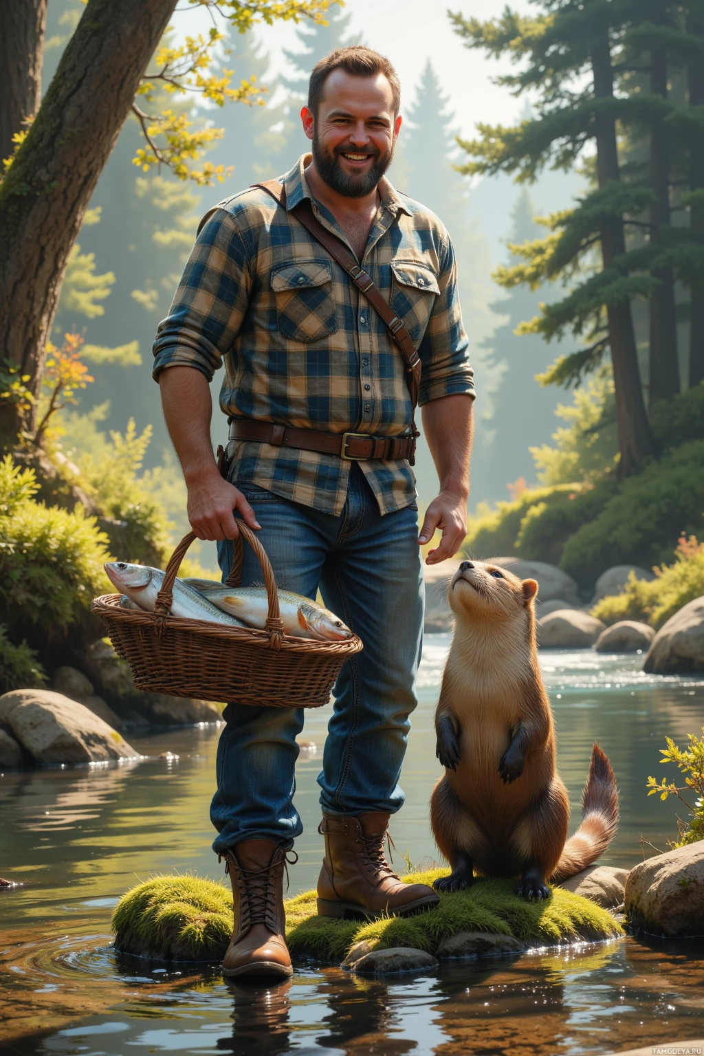 A man stands by a river holding a basket of fish, with an otter standing on a mossy rock nearby.