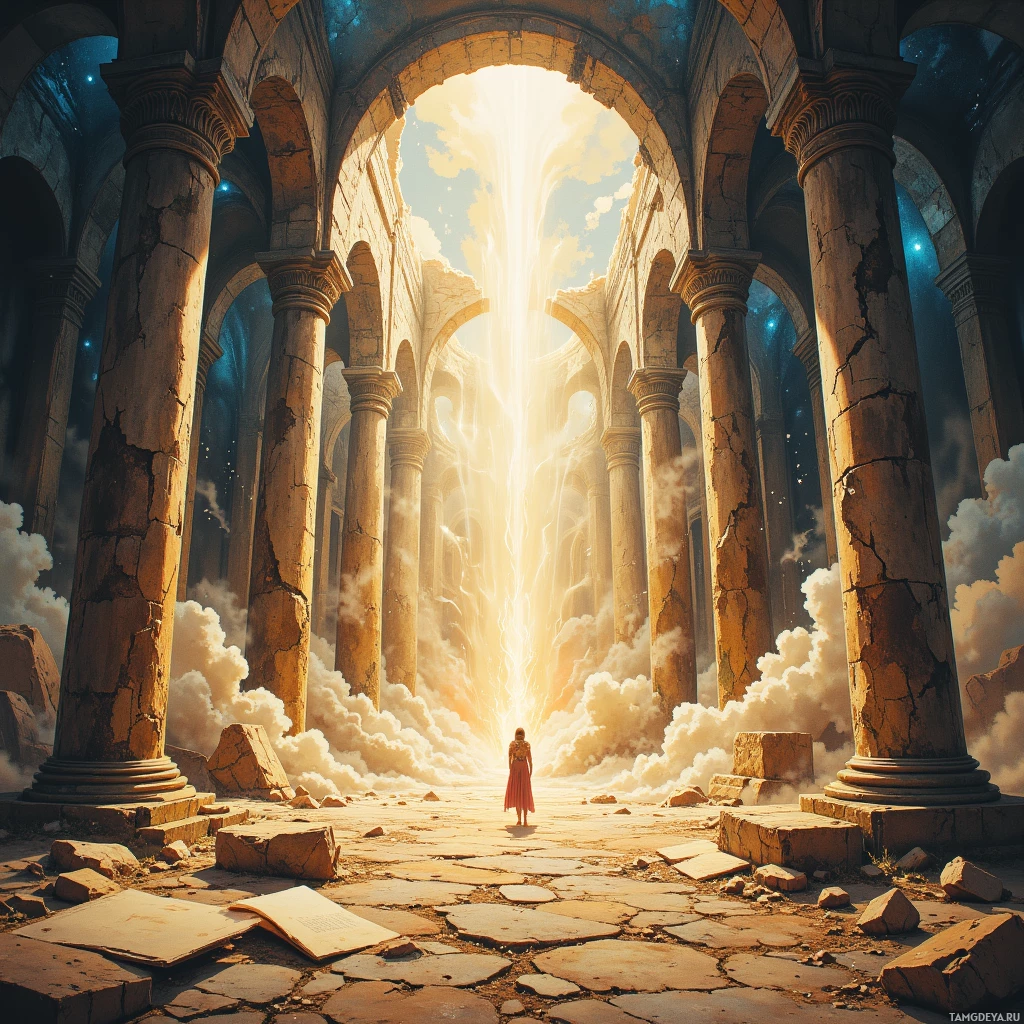A lone figure stands before a grand, ancient temple with a radiant light streaming through its broken archway.