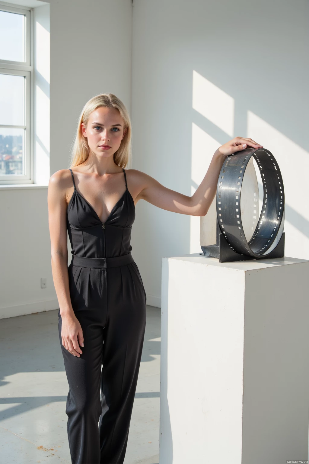 A person in a black jumpsuit stands beside a film reel sculpture in a bright, minimalistic room.