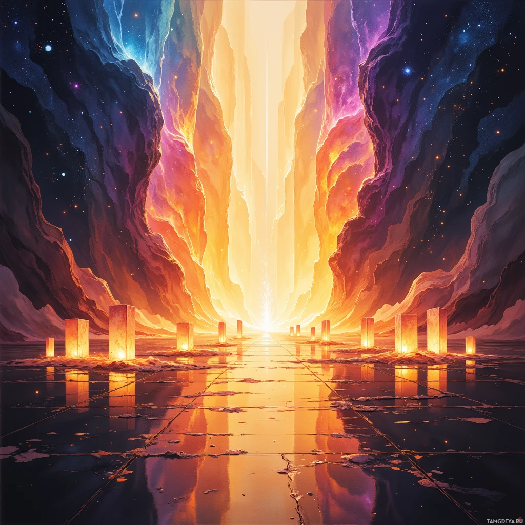 A vibrant, cosmic scene featuring a glowing path leading through a celestial landscape with rocky formations and starry skies.