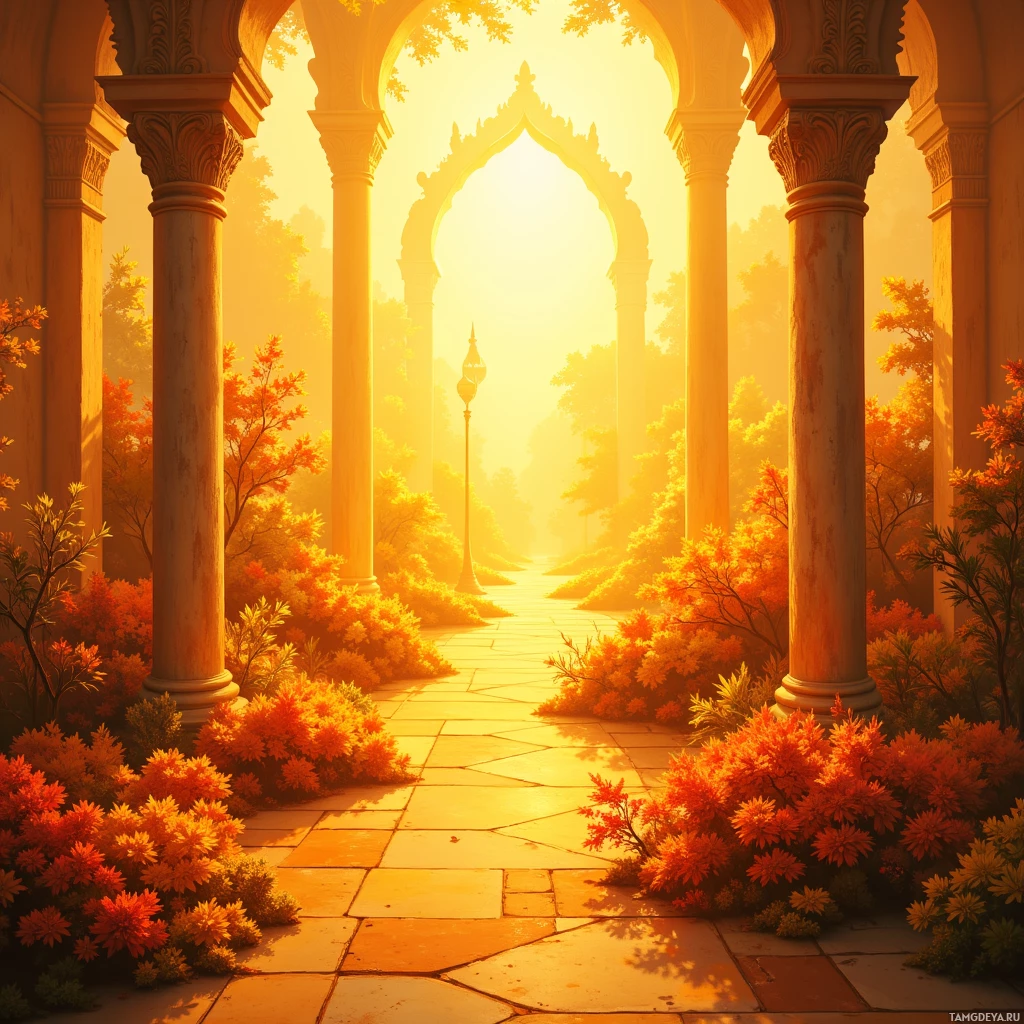 A serene pathway lined with columns and autumn foliage leads to a glowing archway.