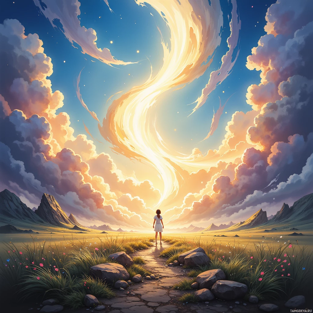 A serene landscape with a person standing on a path leading towards a swirling cloud formation in the sky.