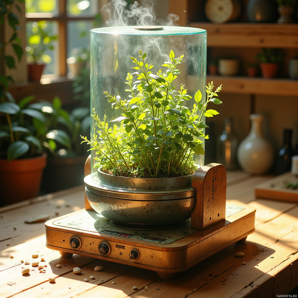 A terrarium with a plant inside is placed on a wooden table with a vintage-style heater underneath.