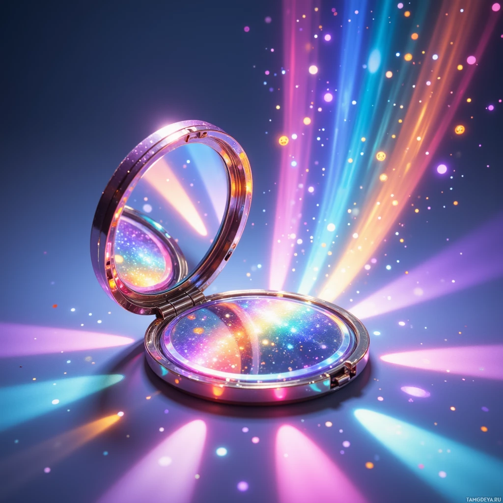 Semi-abstract image with many light, that is suitable for the post:  Translucent iridescent pocket mirror with a polished glass prism shell that refracts light into a rainbow, equipped with a tiny hologram projector emitting floating emoji, compact pocket‑size, sleek metal hinges, and a tiny rechargeable battery.