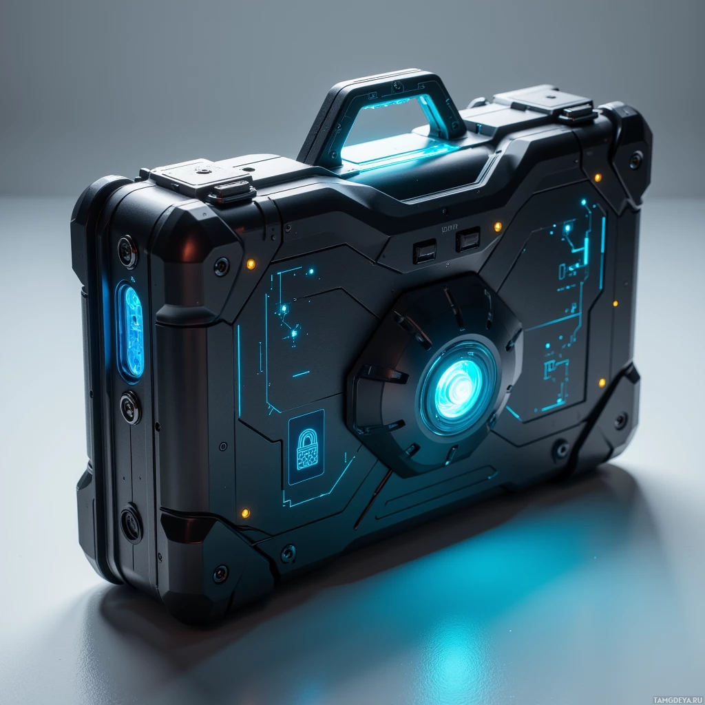 Semi-abstract image with many light, that is suitable for the post:  Titanium alloy briefcase with matte black finish, angular chassis, embedded holographic interface panels projecting soft blue light, magnetic docking ports, fold‑out solar panel, and subtle biometric lock indicator, rendered with high metallic sheen and soft shadows.
