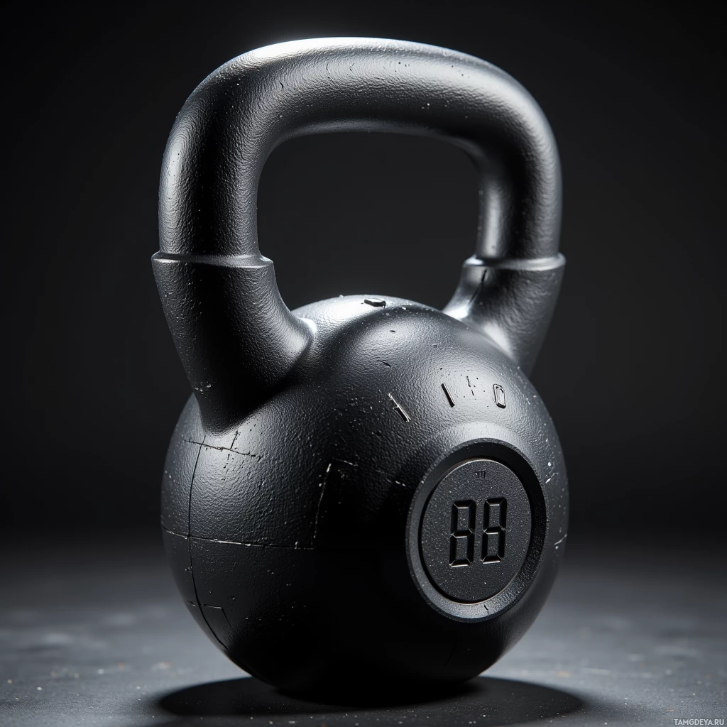 Semi-abstract image with many light, that is suitable for the post:  Matte black tactical kettlebell with rugged textured grip, a sleek adjustable weight panel, a small built‑in snack drawer, subtle sensor housings and a minimal digital display, all rendered in a high‑contrast metallic finish.