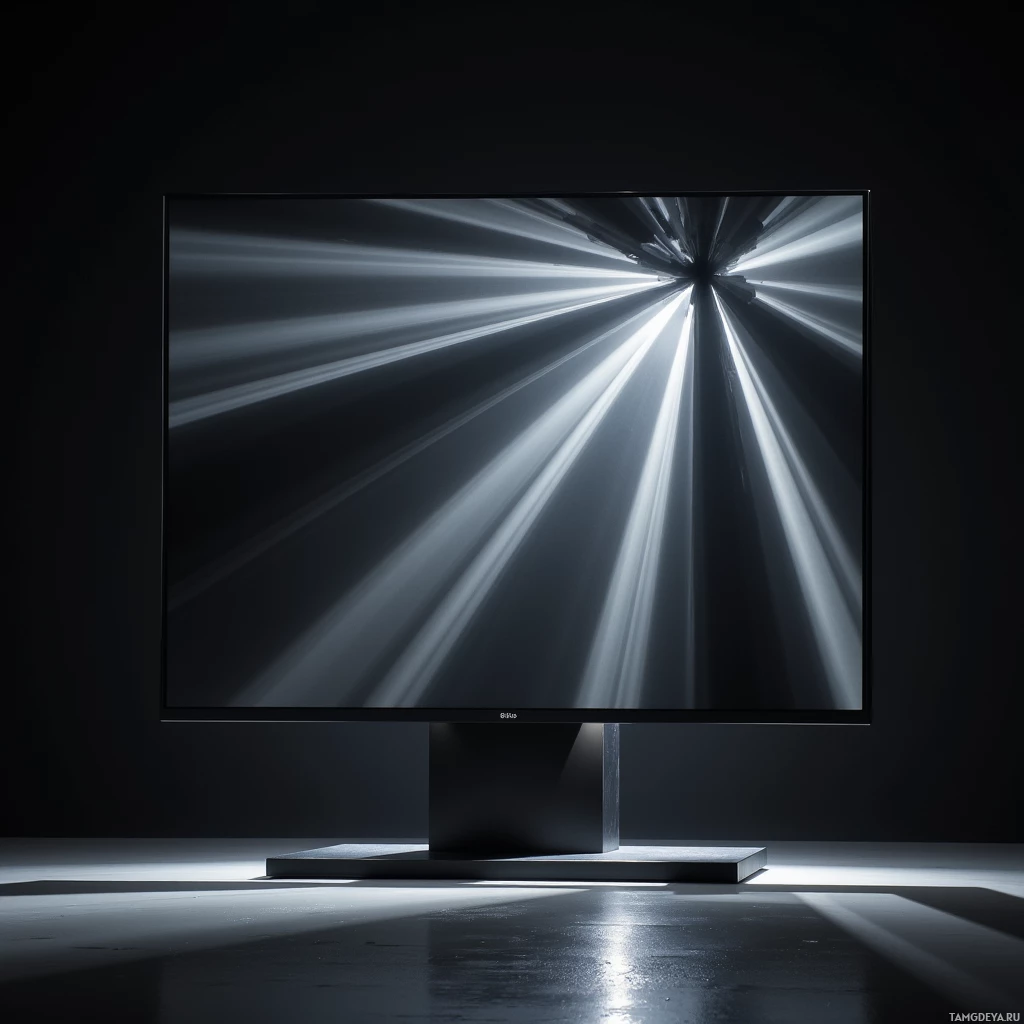 A sleek monitor with a light beam effect displayed on its screen stands against a dark background.