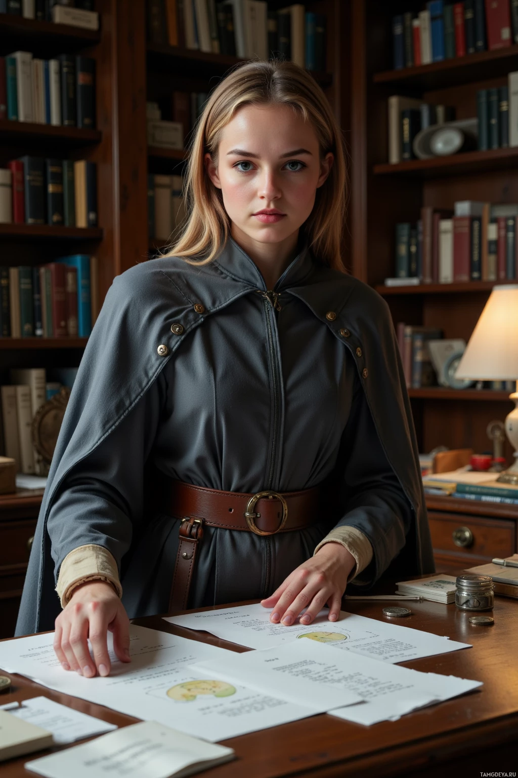 Realistic high quality photo. 26‑year‑old woman with shoulder‑length light brown hair, green eyes, in a fitted slate‑grey cloak with subtle patterning and soft beige boots, carefully rearranging a cluttered wooden desk with scattered papers, a small coin jar, and patterned drawings in a dimly lit study, late afternoon lamplight casting soft shadows, her posture composed as she steps away mid‑conversation.