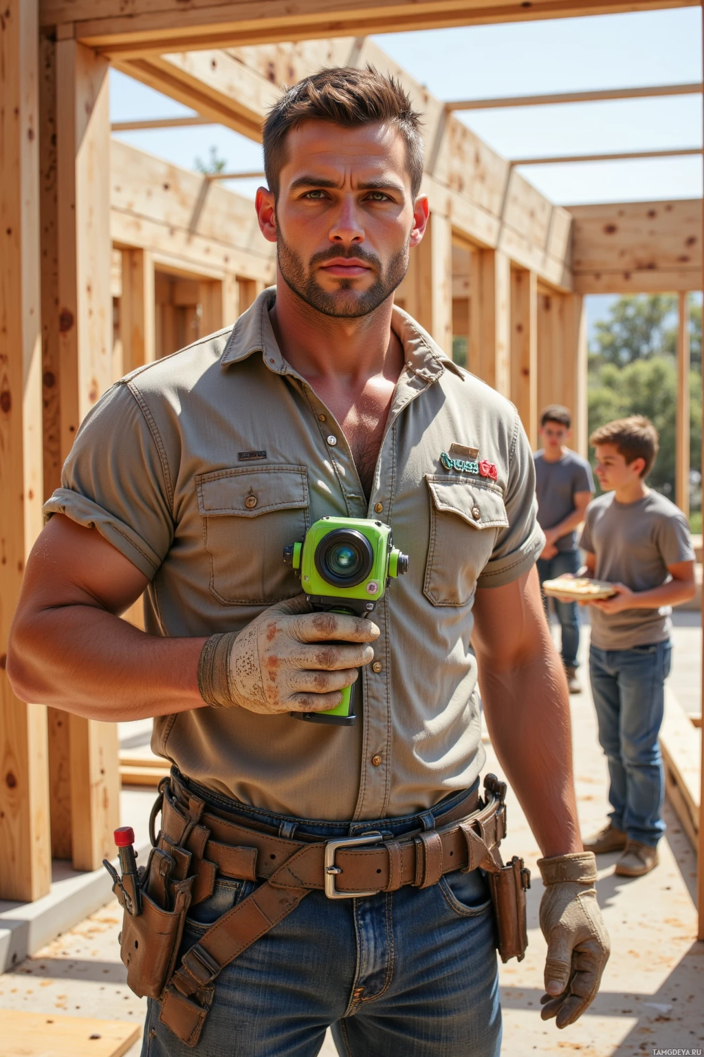 Realistic high quality photo. Male construction worker, 31, short dark brown hair, piercing blue eyes, tanned weathered skin, broad muscular build, wearing a rugged work shirt, dark jeans, sturdy boots, thick gloves, holding a laser level inspecting framing beams on a sunny daytime construction site, crew working in the background, kids at a break table receiving fresh pizza dough, focused no-nonsense expression.