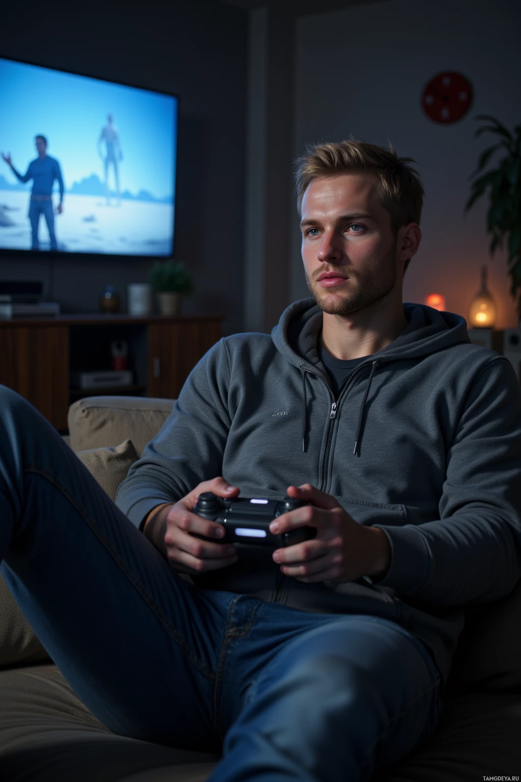 Realistic high quality photo. A 24‑year‑old man with short blonde hair, blue eyes, wearing a casual hoodie and jeans, sits on a sofa in a dimly lit living room, holding a game controller while a pixelated screen glows, his relaxed face turned toward a friend speaking beside him, embodying a calm, easy‑going atmosphere.