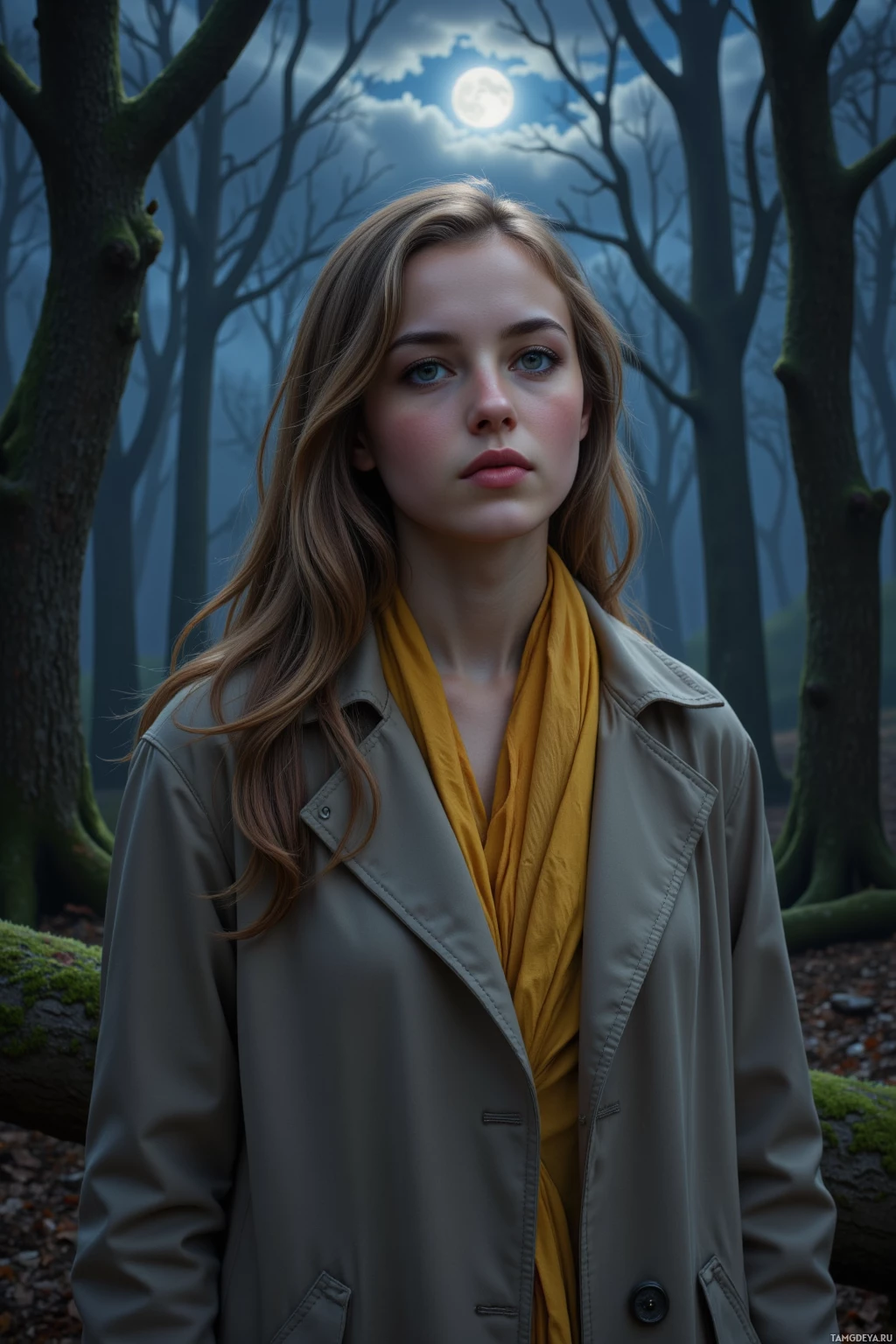 Realistic high quality photo. female 30, long wavy light brown hair, blue eyes, pale skin, wearing oversized raincoat and yellow scarf, standing on a mossy log in a stormy silverwood forest at night, moonlight spotlighting her, wind swirling around her, deep shadows enveloping the forest, calm introspective posture.