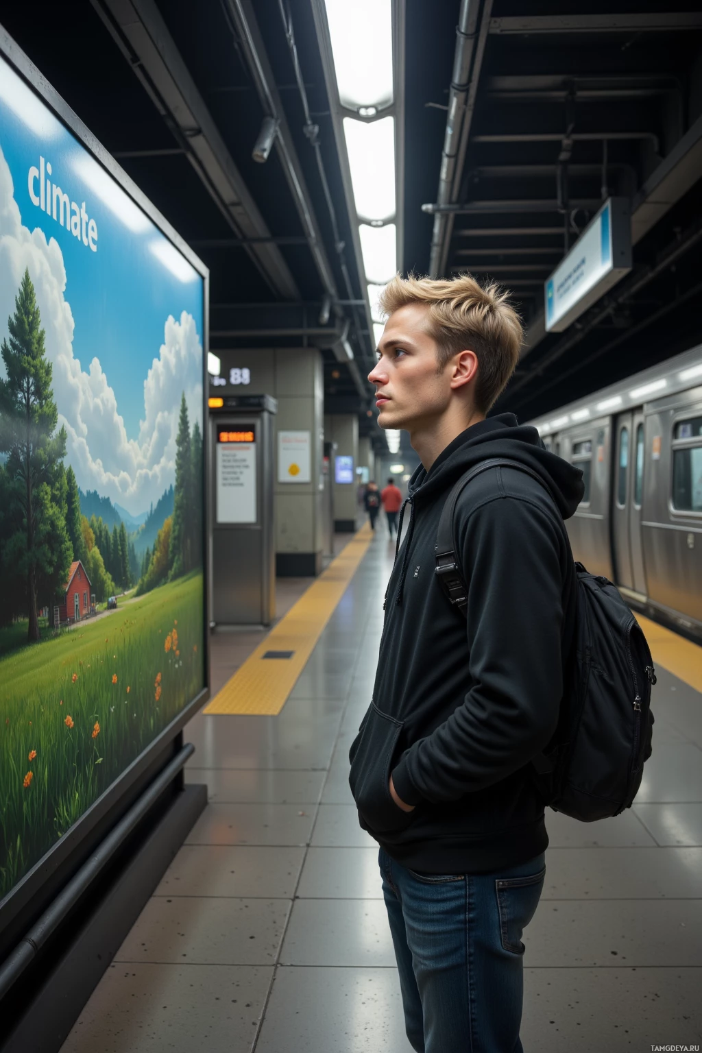 Realistic high quality photo. Male, 27, short blonde hair, blue eyes, pale skin, wearing a black hoodie and slim jeans, stands on a modern subway platform with a train in the background, intently examining a billboard outside that reads “climate” with a missing “l”, embodying his detail‑obsessed skepticism, surrounded by platform signage and streetlights.