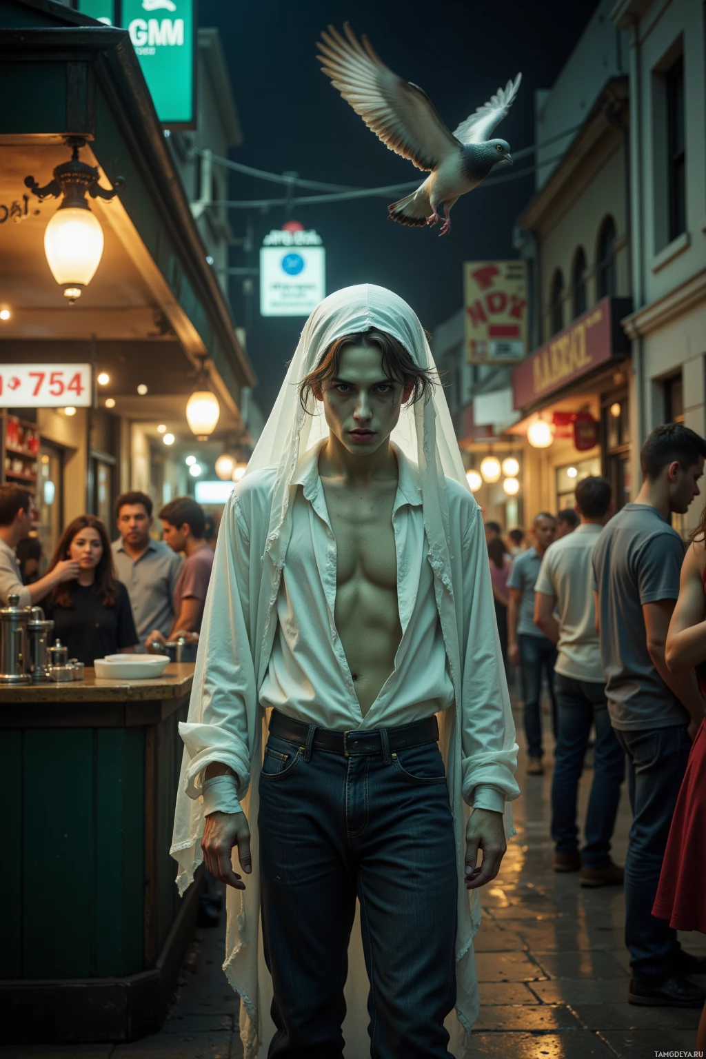 Realistic high quality photo. Male, 24, messy light brown hair, bright blue eyes, pale skin with faint green undertones, wearing a translucent coffin costume over a torn white shirt and worn black jeans, standing on a dimly lit coffee shop counter at night, surrounded by a startled crowd, a pigeon staring at him, flickering streetlights above casting VHS‑style static shadows.