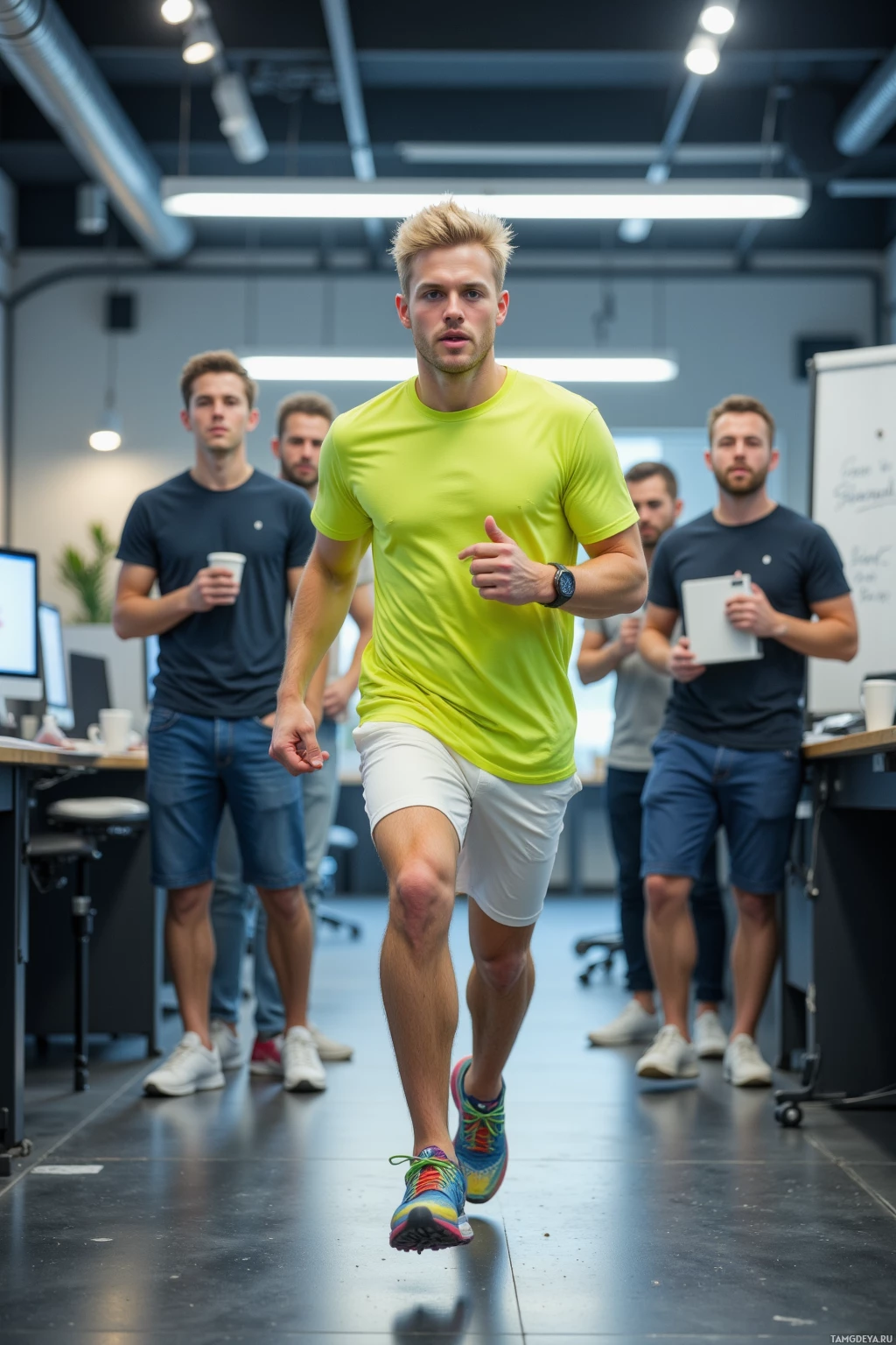Realistic high quality photo. Young man, 22, short spiky blonde hair, blue eyes, bright athletic t‑shirt, white shorts, colorful sneakers, sprinting through a modern tech startup office after a blackout, with a laptop displaying a half‑finished app prototype, excited colleagues gathered around, fluorescent lights flickering, coffee mugs and whiteboards scattered, all captured in motion.