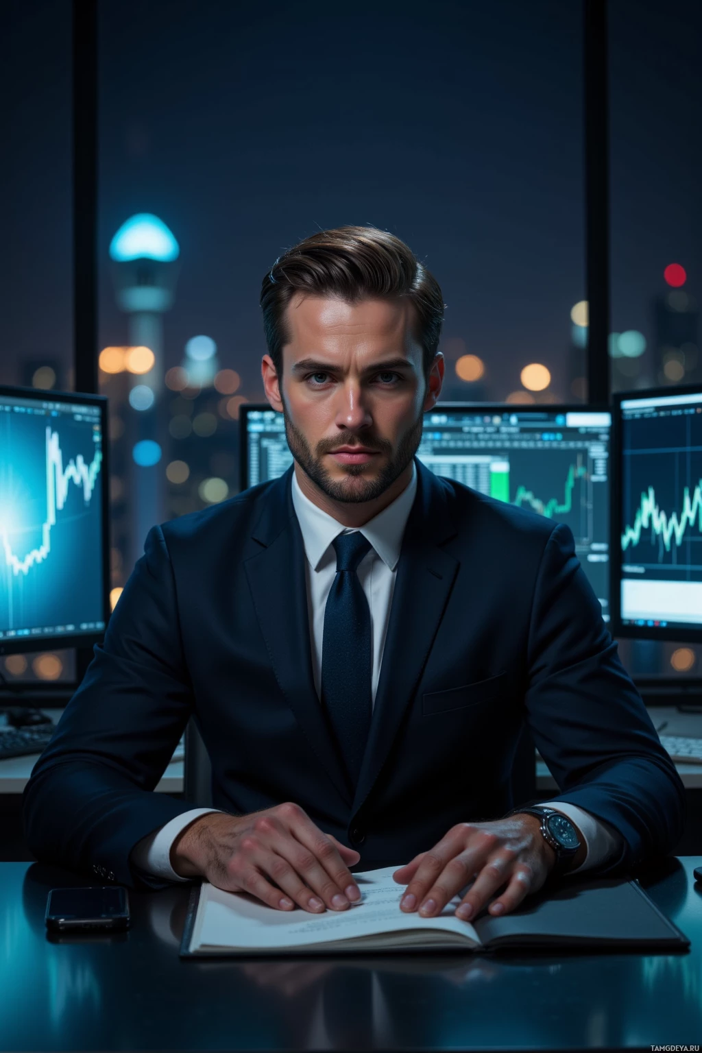 Realistic high quality photo. A well‑groomed 38‑year‑old man with slick brown hair, piercing blue eyes, chiseled jaw, wearing a tailored dark suit, sits at a modern office desk in the quiet night, surrounded by glowing computer screens displaying financial graphs, the faint city glow visible through the windows, his focused expression and precise hand movements reflecting strategic decision making.