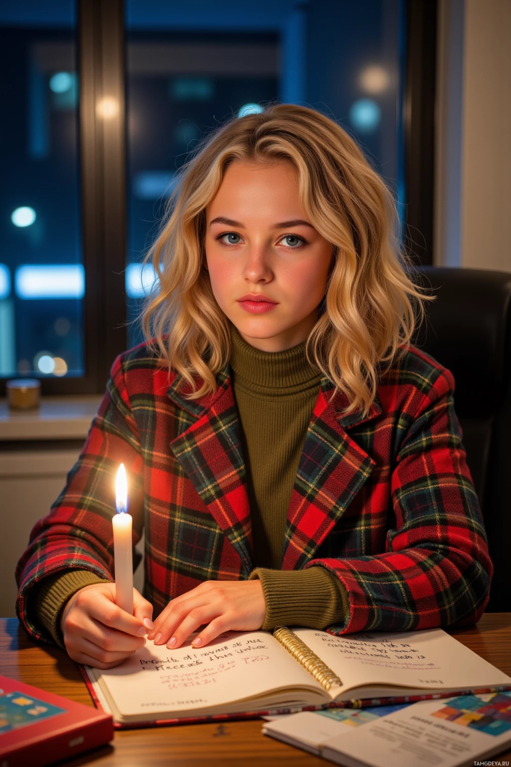 Realistic high quality photo. 21‑year‑old woman with curly blonde hair, bright blue eyes, colorful layered outfit under a plaid coat, sitting at a desk in a modern city apartment at night, holding a single candle flame, sipping chamomile tea, sketching a protest slogan in calligraphy on a notebook while a neighbor knocks at the door, warm ambient lighting and dark windows in the background.