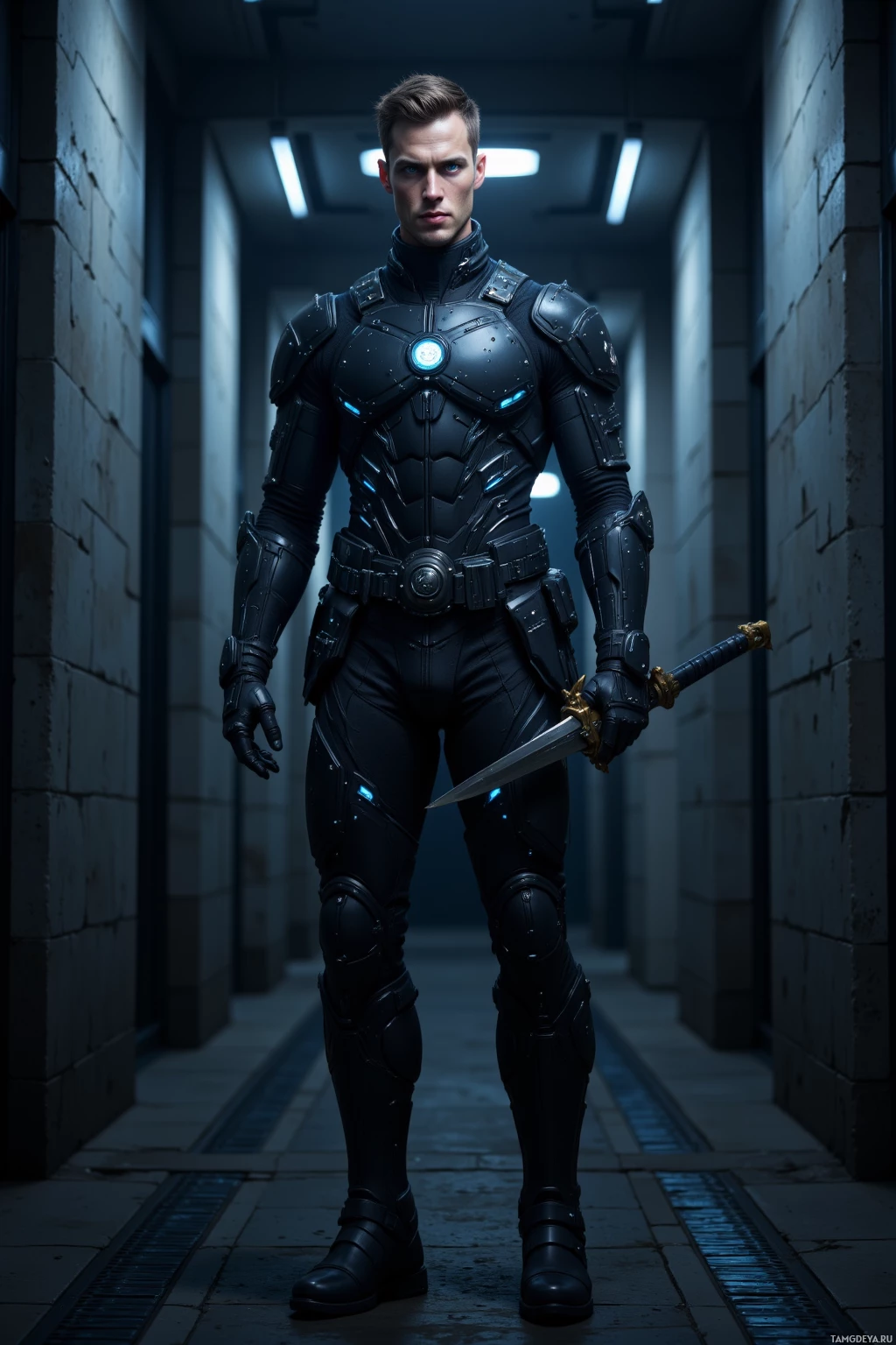 A person in futuristic armor stands in a dimly lit corridor, holding a sword.