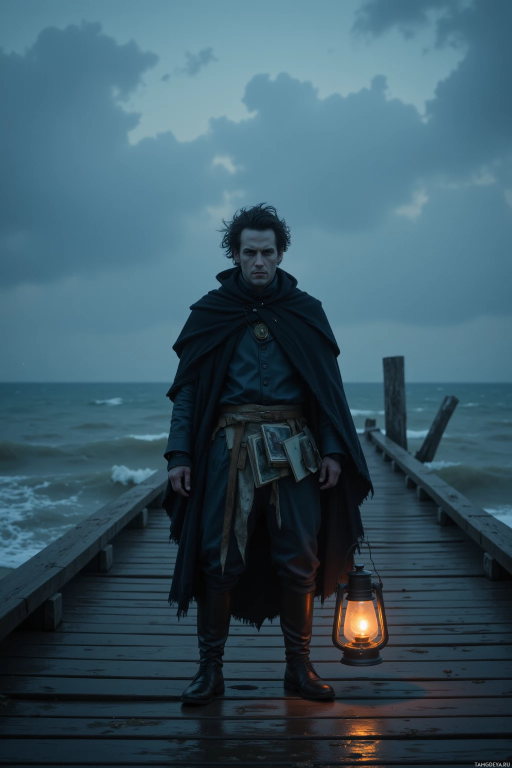 Realistic high quality photo. A pale, 28‑year‑old man with wild black hair and deep blue eyes, wearing a torn cloak, stands alone on an old wooden pier at dusk, mist swirling around him, lantern light flickering, holding a stack of postcards while wind gusts, creating a moody, mysterious atmosphere.