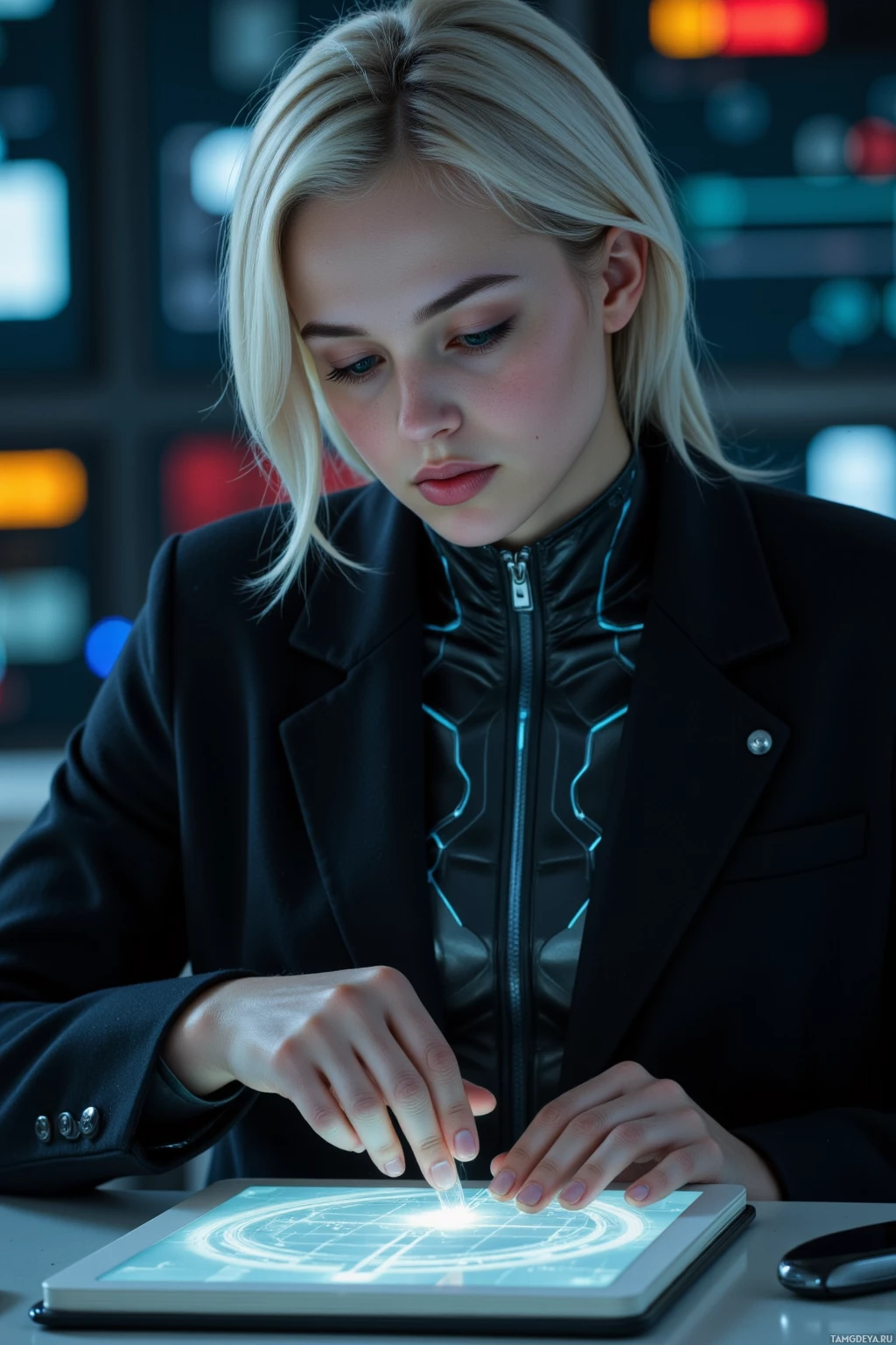 A person in a black jacket interacts with a glowing, futuristic tablet.