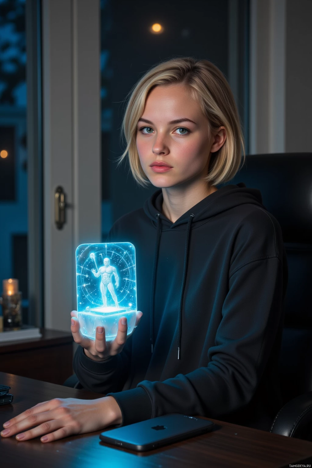 A person in a hoodie holds a glowing holographic figure in their hand.