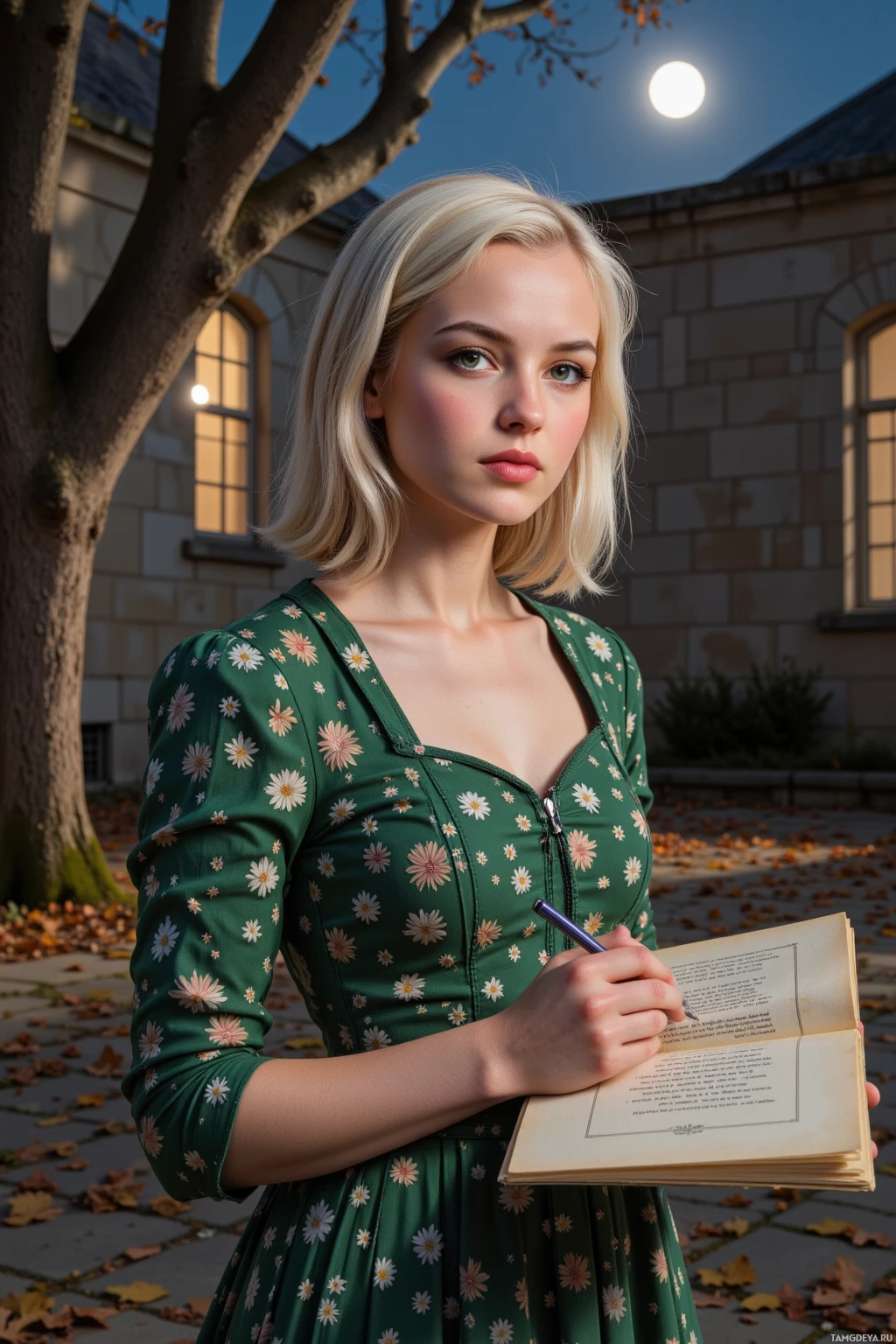 A woman in a floral dress holds an open book and a pen, standing outdoors with a tree and building in the background.