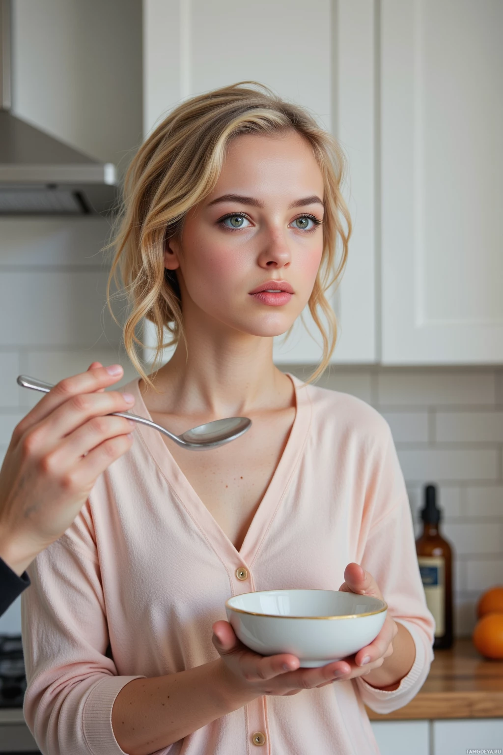A woman in a kitchen holds a bowl and spoon, looking thoughtful.