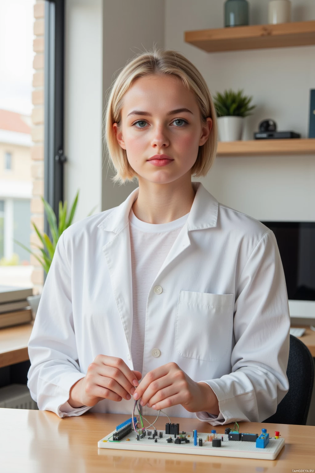 Realistic high quality photo. woman, 28, short blonde hair, blue eyes, wearing a crisp white lab coat over a plain white shirt and dark jeans, meticulously arranging neat bundles of wires on a desk with a breadboard and labeled components while re‑testing a logic circuit demo in the warm afternoon light of a modern home office.