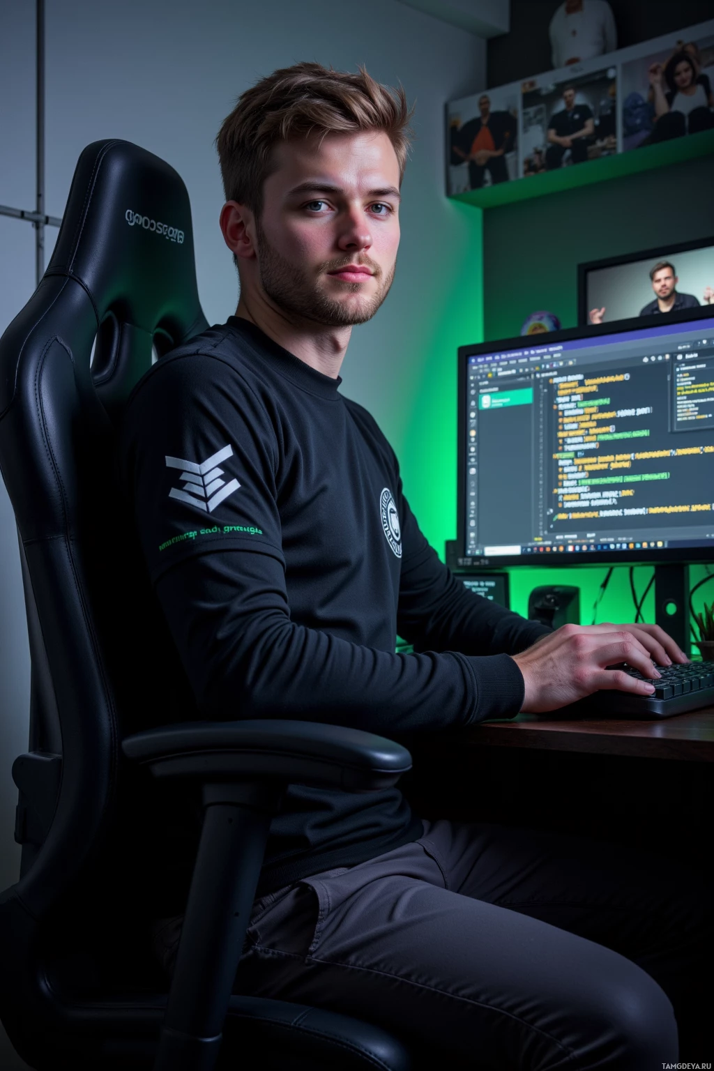 A person sits at a desk in a gaming chair, working on a computer with a monitor displaying code.