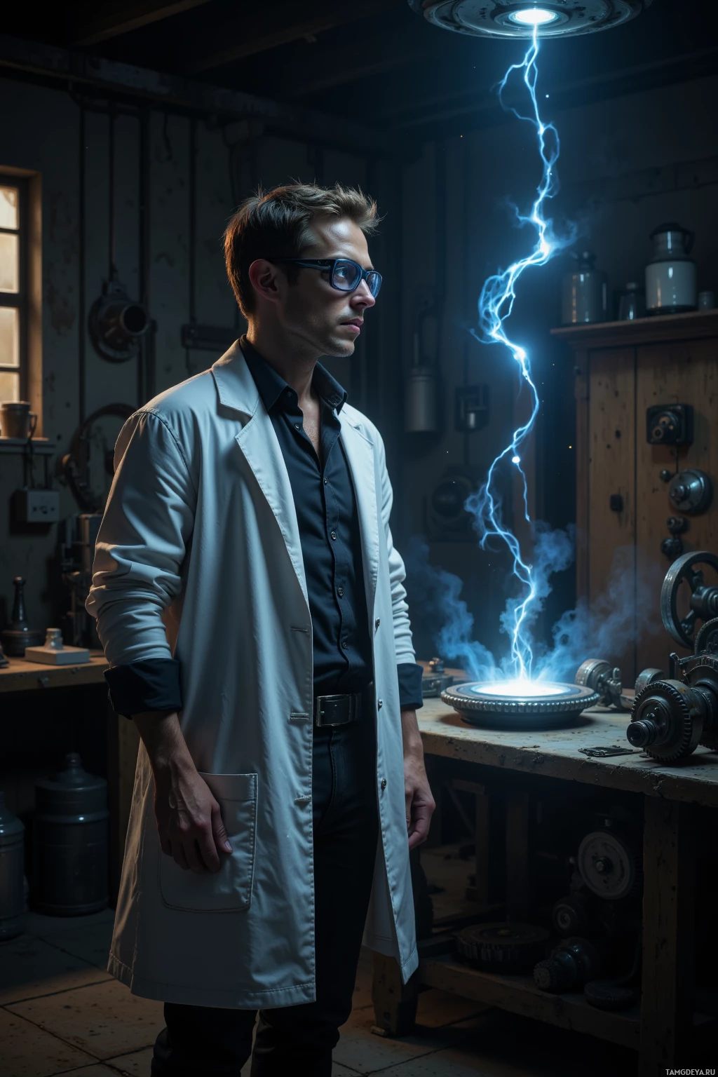 A man in a lab coat stands in a dimly lit room with a glowing electrical discharge above him.