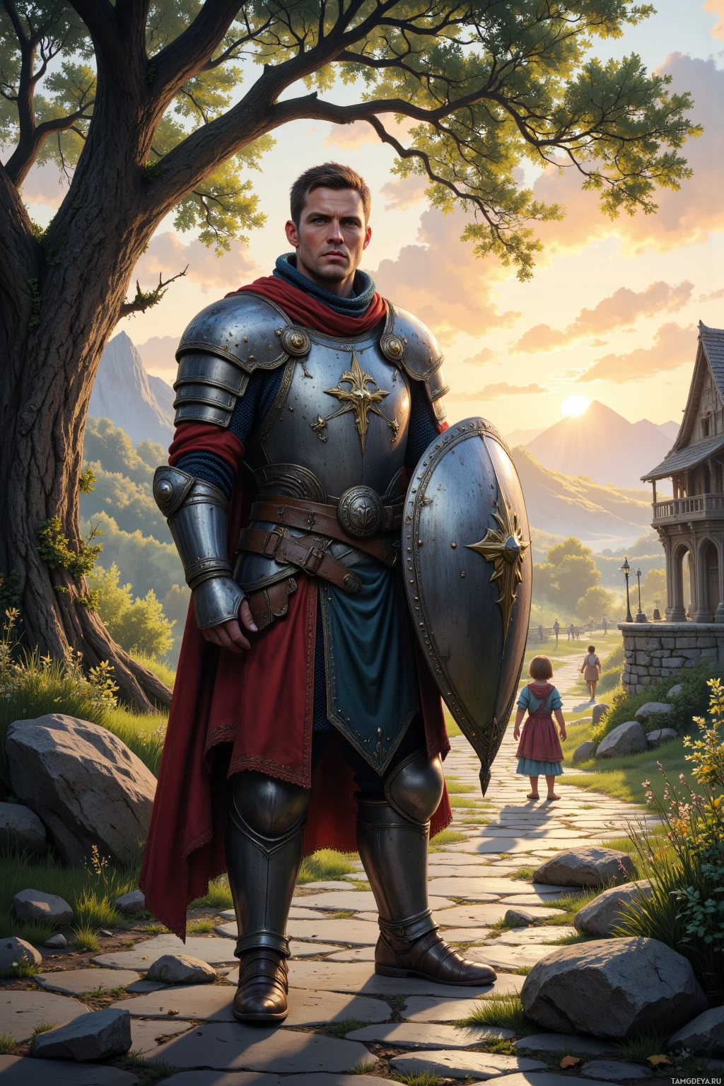 A knight in armor stands on a stone path under a tree, with a child walking ahead and a castle in the background.