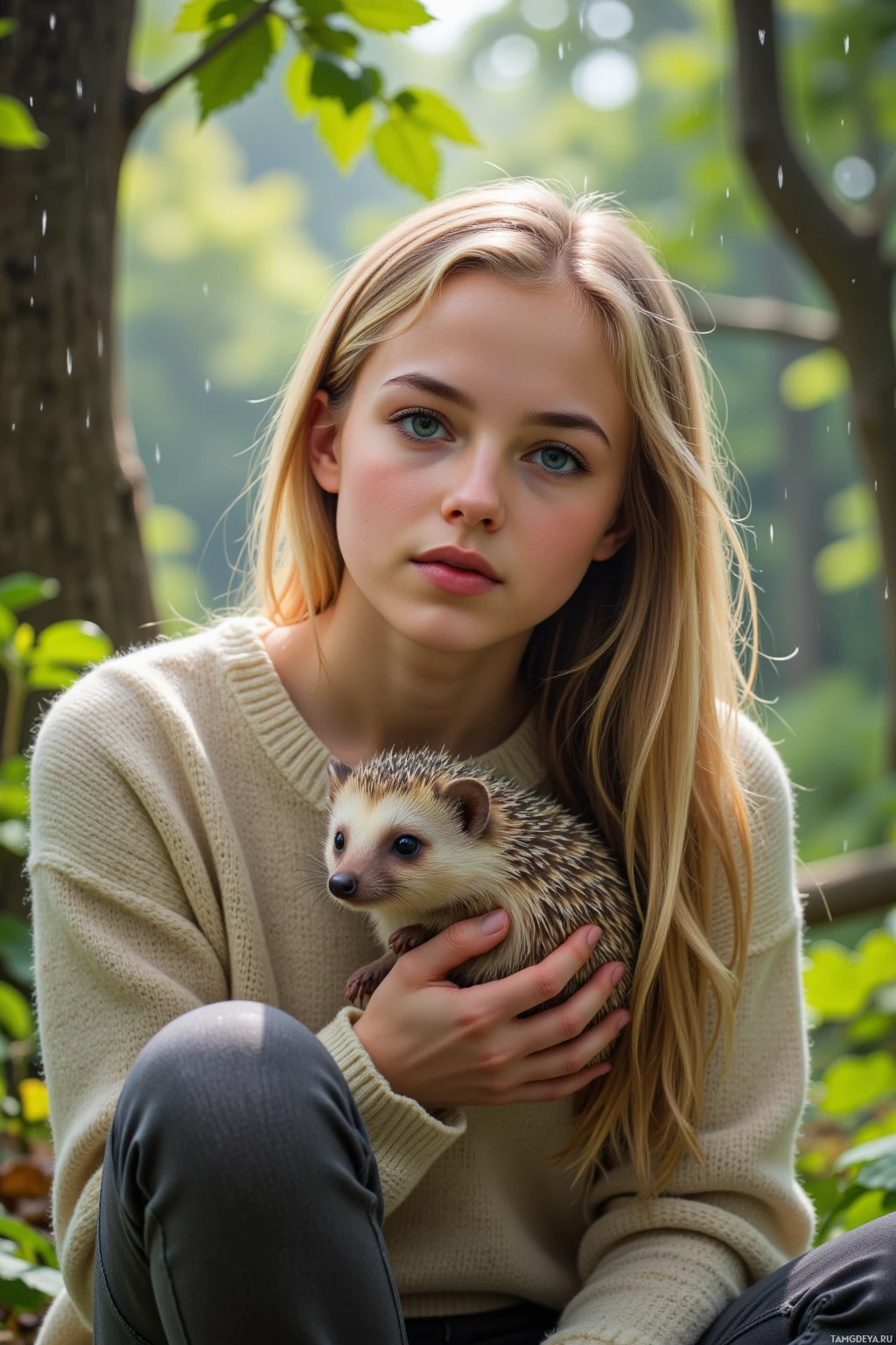 Realistic high quality photo. A young woman with blonde hair, bright blue eyes, fair skin, wearing a soft sweater and loose pants, kneeling in a lush forest clearing at afternoon light, holding a shivering hedgehog beneath a blanket of leaves while light rain drips through the canopy.