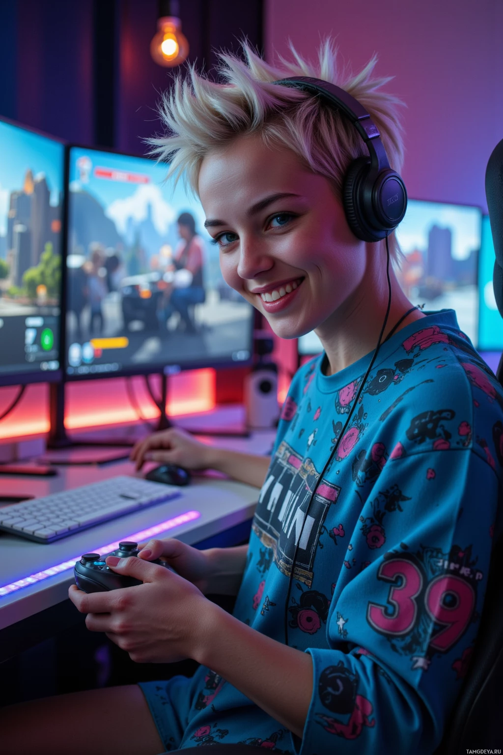 A person wearing headphones and a colorful shirt is playing a video game on a computer setup with multiple monitors.