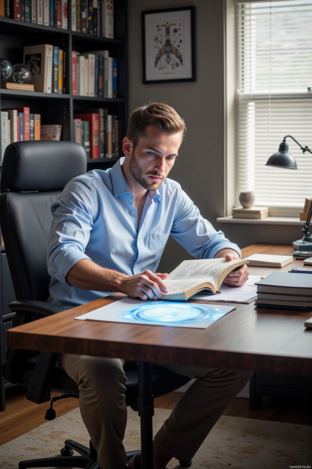 A man is seated at a desk, reading a book with a glowing blue light emanating from the page.