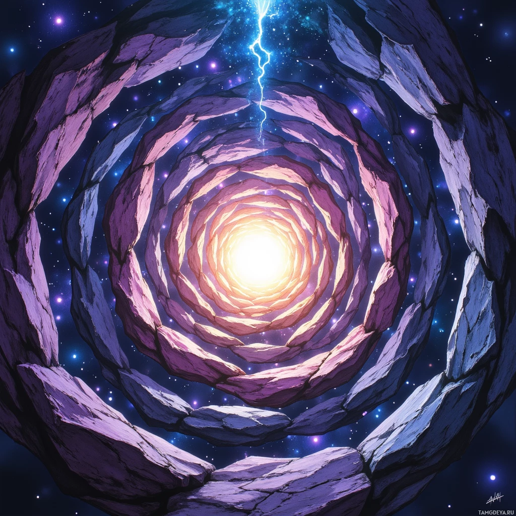 A cosmic scene featuring a glowing, spiral-shaped portal surrounded by stars and a dark, starry background.