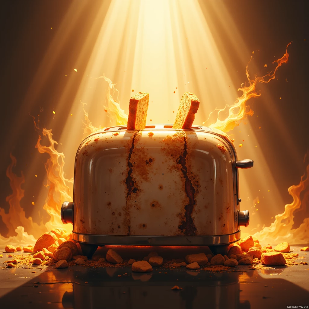 A toaster with toast popping out is surrounded by flames and debris.