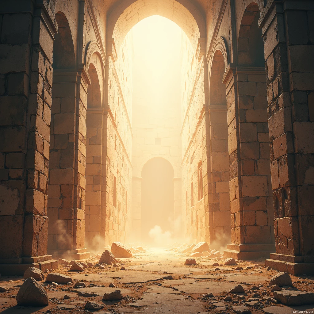 A sunlit, ancient stone archway with dust and debris on the ground.