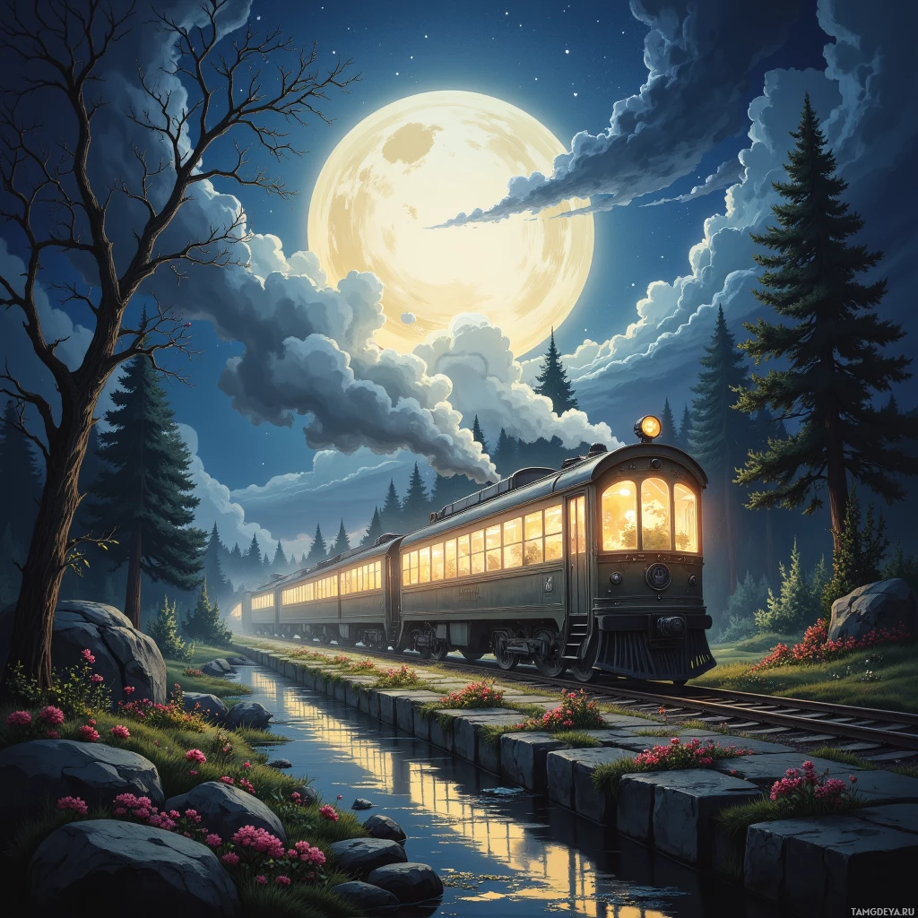 A train travels through a serene forest under a full moon.