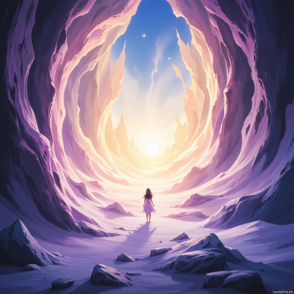 A lone figure stands at the entrance of a vast, ethereal cave illuminated by a radiant light at the end.